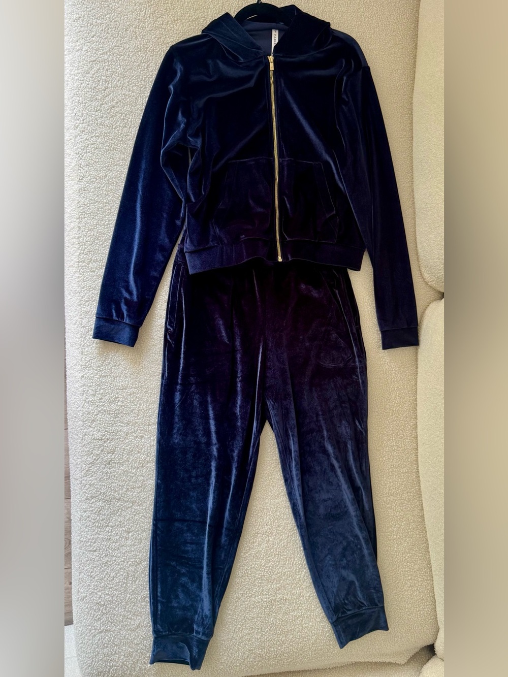 Fabletics Navy Blue Velvet Velour Hoodie Jogger Pants Set Size S